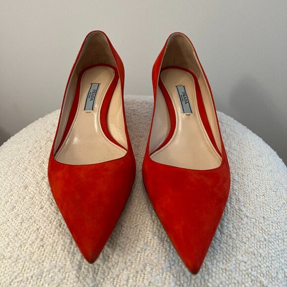 Prada Red Suede Pointed Toe Kitten Heels - Size 37 - Picture 1 of 6
